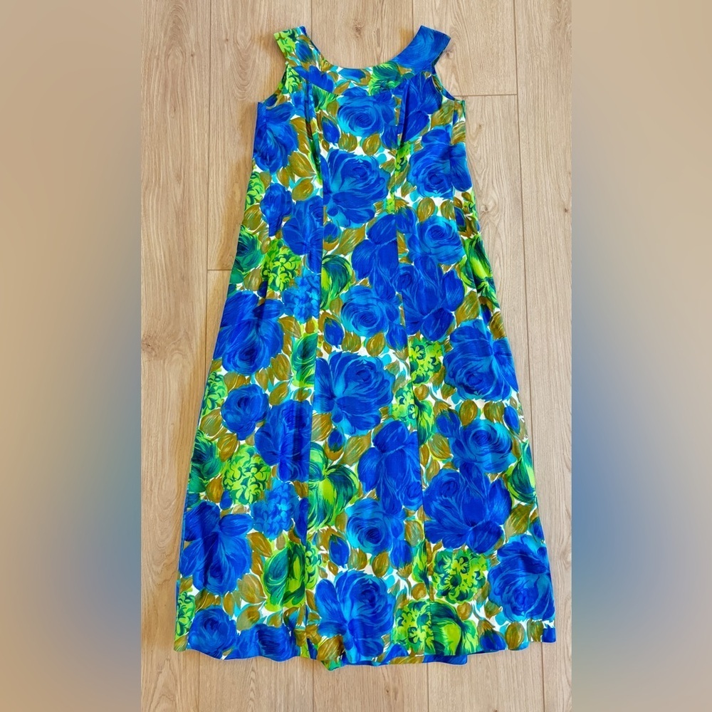 Vintage Basila 60s Vibrant Floral Blue and Green Sleeveless Caftan Hostess Dress